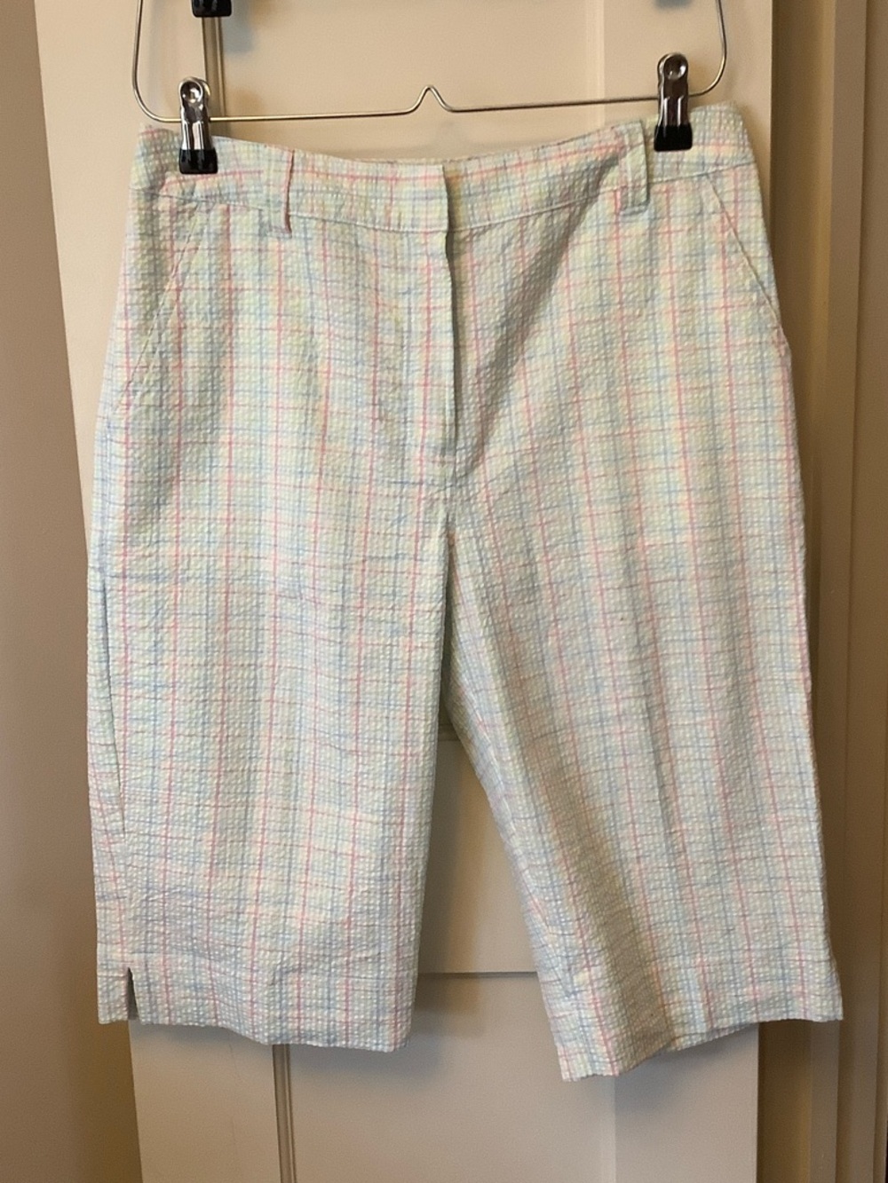 Kim Rogers Pastel Plaid Bermuda Shorts in Mint, Pink & Blue - Picture 1 of 7